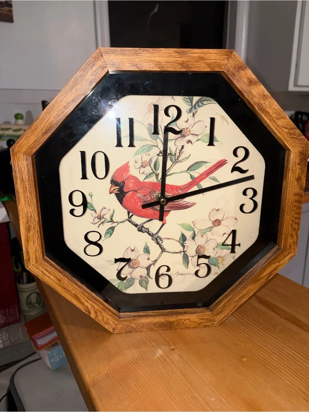 Red Cardinal Floral Wall Clock - Classic Octagon Design